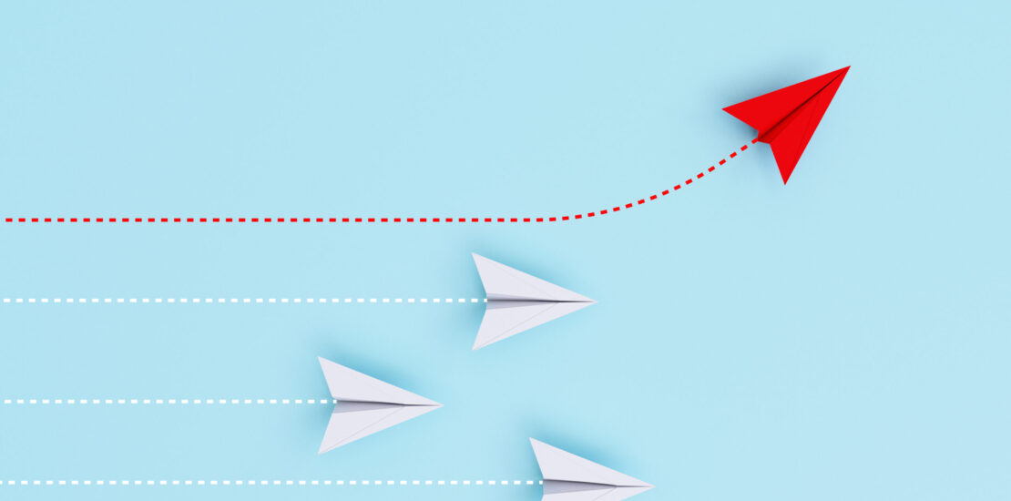 Red paper plane out of line with white paper to change disrupt and finding new normal way on blue background. Lift and business creativity new idea to discovery innovation technology by 3d rendering.