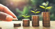 hand putting coins on stack with plant growing on money . financ